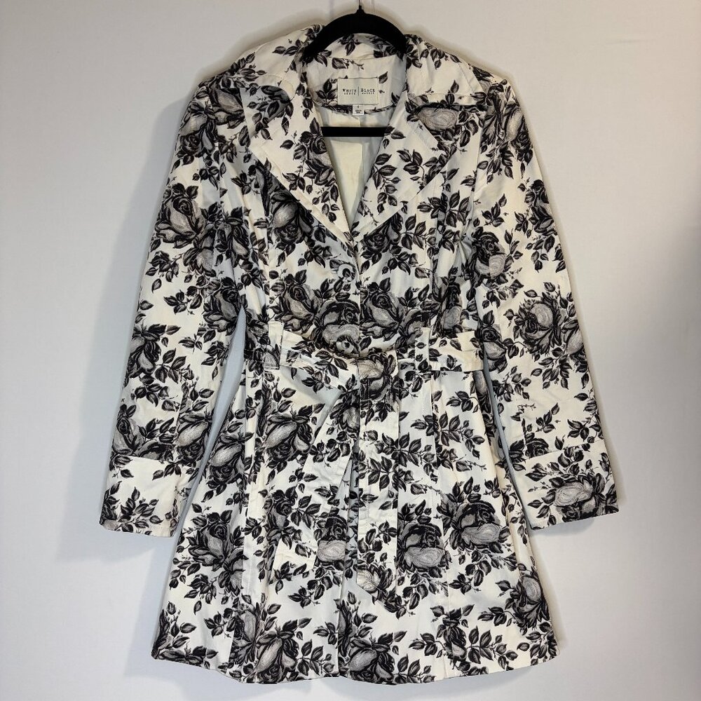 Vintage Y2K Floral Button Down Trench Coat Belted White House Black Market Small